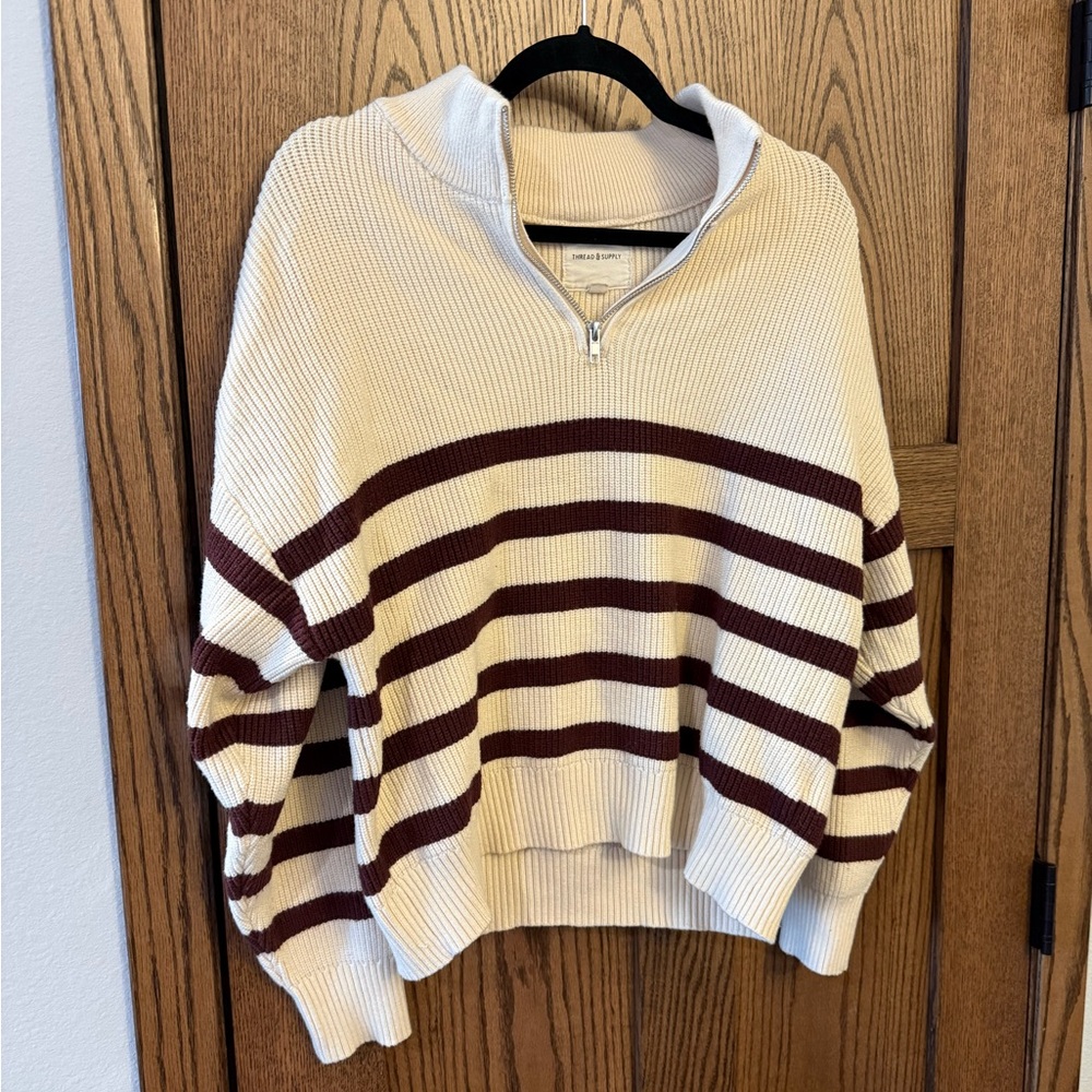 Thread & Supply Cream and Burgundy Striped Half-Zip Sweater